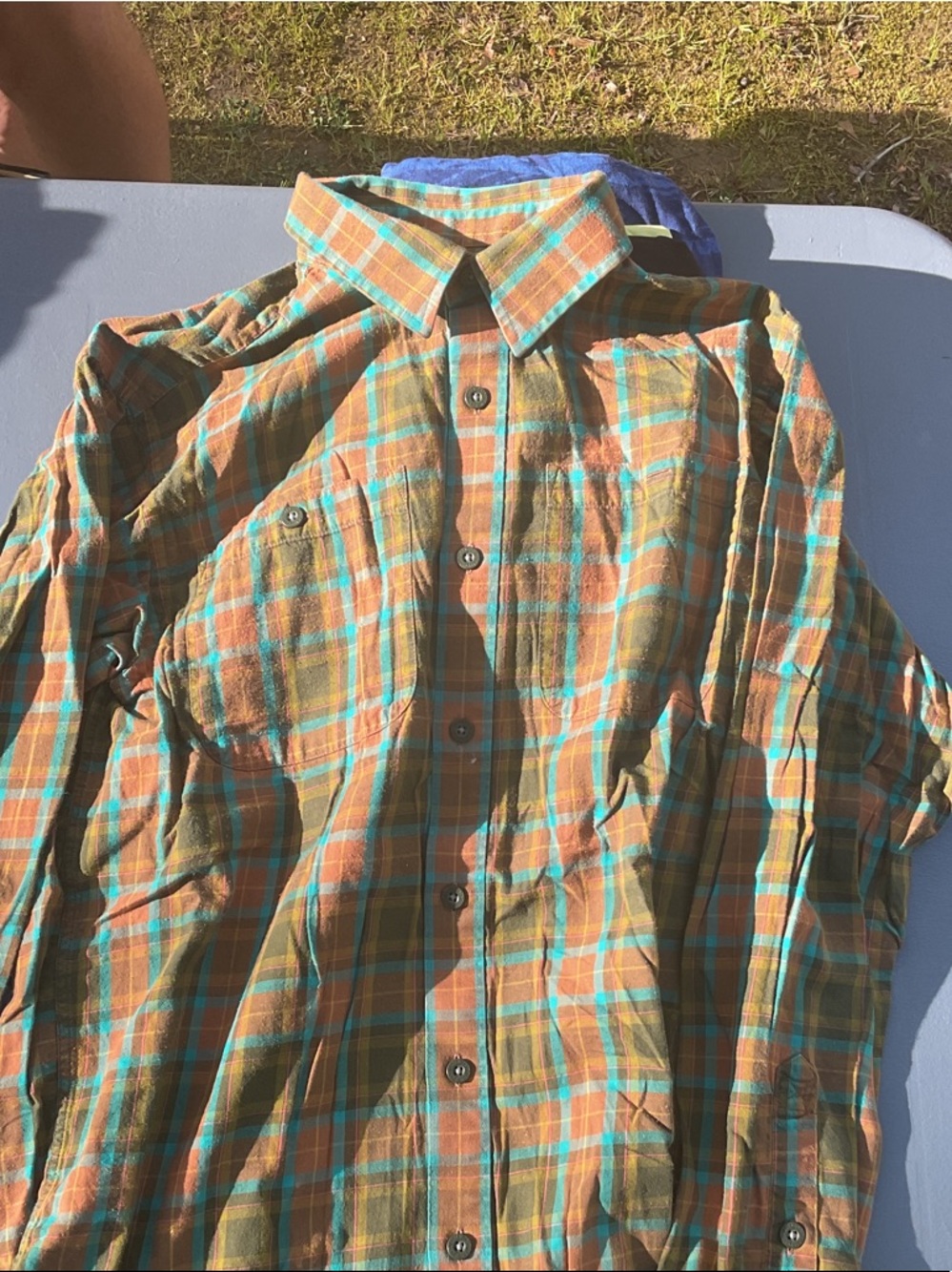 Orange and Teal Plaid Button-Up Shirt